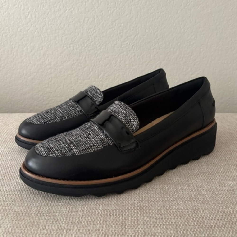 Clarks Collection Sharon Gracie Black Tweed Combo Loafers 9.5
